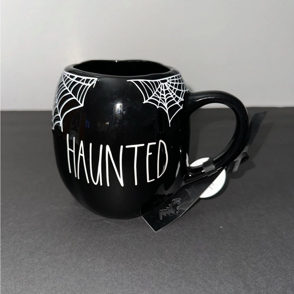 Rae Dunn Halloween HAUNTED Black Mug With Cobwebs All Around Pumpkin Shape NEW